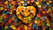 A smiley face inside a heart made from multicolored leaves to ilrate the warmth and joy one experiences when expressing an earnest