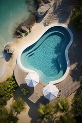 Wall Mural - Dream swimming pool at the sea, tropical resort. Top down drone view.