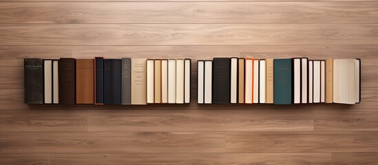 Poster - Different books are arranged on a wooden floor, with a brown wood parquet background. empty space available for writing. This setup represents the idea of going back to school and is shown from a
