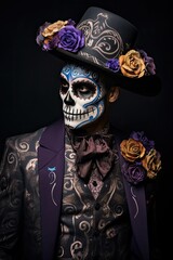 Wall Mural - Portrait of a man wearing a day of the dead costume and sugar skull makeup - created using generative AI tools