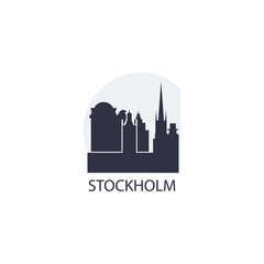 Wall Mural - Sweden Stockholm cityscape skyline capital city panorama vector flat modern logo icon. Nordic Europe Scandinavia region emblem idea with landmarks and building silhouettes at sunrise sunset