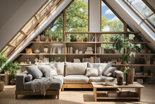 Corner Sofa Against Shelving Unit, Scandinavian Home Interior Design Of Modern Living Room In Attic In Farmhouse.