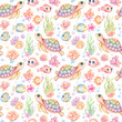 Cute sea animals seamless pattern. Watercolor underwater life of a sea turtle and colorful fish. Ideal for children's wallpaper, baby wrapping, kids fabric and children's clothing.