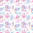 Cute little Mermaids and Friends seamless pattern. Watercolor Cute Mermaid and Sea animals octopus, jellyfish, seahorse for nursery wallpaper, fabric print, kids textile, baby girl fashion clothes
