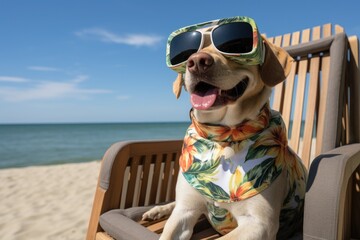 Wall Mural - Labrador dog wearing sunglasses on the beach. Generative AI