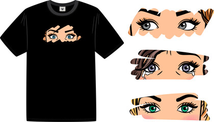 Canvas Print - Set of female eyes seen through glass. Different looks of a woman for T-shirt design