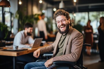 Diversity person on wheelchair working with colleague at office. Generative AI