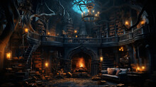 In A Cozy Library Within A Haunted Castle, A Storyteller Regales An Audience Of Curious Spirits With Captivating Tales Of Halloween Lore And Legend. Generative AI