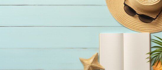 Poster - A flat lay image showing a blank writing book with summer beach accessories in the background. copy space available in the image.
