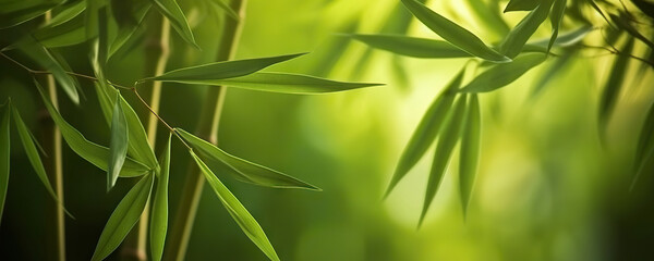 Wall Mural - Relaxing lush green bamboo grove background. Copy space