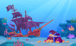 Sunken treasure. Sunken ship with pirate treasures chest on ocean bottom, underwater life of coral seabed, undersea adventure game cartoon background, ingenious vector illustration