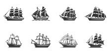 Vintage Sail Ship Icon Set. Vector Illustration.