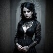 © Vitalii - Portrait of gothic alternative punk necromant girl in black clothes with pale skin. Generative AI