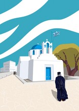 Cycladic Orthodox Church In Greece With Pope Walking Under The Greek Flag