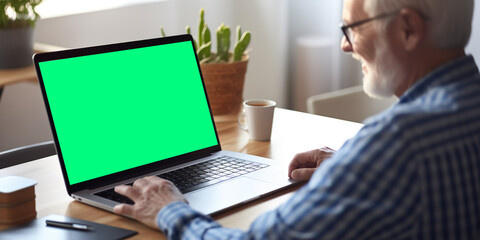 Canvas Print - A man sits at a table and has a virtual group meeting with a team of colleagues on a laptop