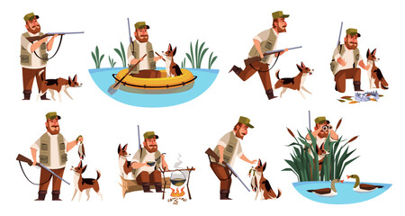 Cartoon hunter character. Funny dog and cute owner on duck hunting, sitting in boat in lake, rifle and equipment, waterfowl extraction, outdoor hobby, cooking on bonfire, tidy vector set