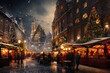 Christmas illustration of a dreamy christmas market in winter, european feel
