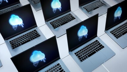 Wall Mural - laptops serverfarm with cloud symbols on screens connected in network structure for save data backup