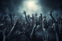 Halloween Night Background Of Numerous Scary Zombie Hands Risen Up