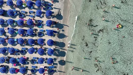 Wall Mural - aerial view on beach, people and umbrellas. vacation and adventure. europe, mediterranean sea. top v