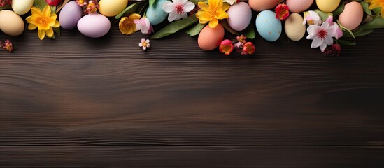 Poster - An Easter-themed table setting with painted eggs and flowers, arranged on a wooden background. is taken from above and offers space for text.