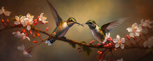 Enchanting Hummingbird Pair Intimately Hover In Sunlit, Flower-strewn Tree Setting. Depicts Heartwarming Animal Love In Stunning Natural Backdrop. Generative AI