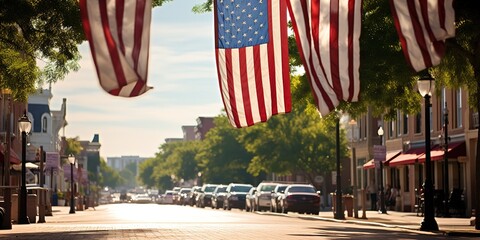 The American flag flutters in the wind on a deserted main street..