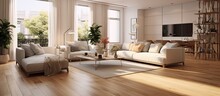 The Living Room Is Modern And Has Parquet Flooring With Chic Furniture.