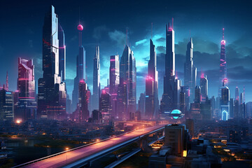 Wall Mural - Cyberpunk Technology: Futuristic City Skyline with Neon Lights. Generative AI