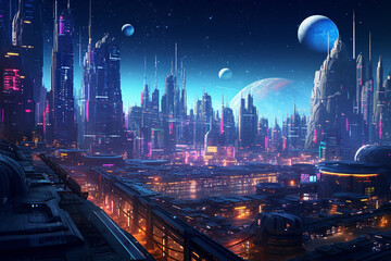 Wall Mural - Cyberpunk Technology: Futuristic City Skyline with Neon Lights. Generative AI