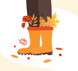 Autumn illustration. Composition of boots, leaves, flowers, berries. Vector illustration.