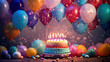 birthday party balloons, colourful balloons background and birthday cake with candles 
