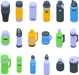 Sticker - Thermos icons set isometric vector. Water steel. Thermo bottle