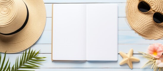 Leinwandbilder - flat lay image with a blank writing book and various summer beach accessories in the background. has ample space for adding text or other elements.