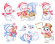 Set of cute Christmas snowmen . Hand-drawn watercolor illustration cartoon snowman character with gifts isolated on white background.