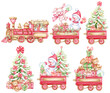 Cute vintage Santa train Watercolor clipart, cartoon construction set with locomotive and wagons with christmas tree, snowman, bunny and gifts. Hand drawn illustration to create holiday greeting cards