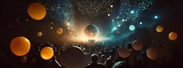 Huge dance floor in a big hall. Colored lights. Crowd of thousands of people standing in awe, having fun. Above them are big lit balls, bokeh lights like stars, planets, night sky. Wide. Generative AI