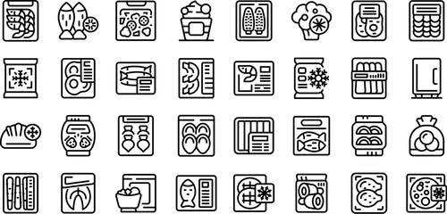 Wall Mural - Frozen food icons set outline vector. Bag meat. Product plastic
