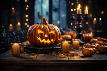 Wall Mural - Jack o lantern on table in spooky night. Halloween concept