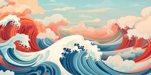 AI Generated. AI Generative.Vintage Retro Old Style Drawn Paint Sea Ocean River Water Waves In Minimal Japanese Style. Marine And Nautical  Adventure Travel Vibe
