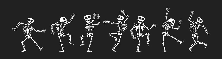 Poster - Skeletons dancing with different positions flat style design vector illustration set. Funny dancing Halloween or Day of the dead skeletons collection. Creepy, scary human bones characters silhouettes.