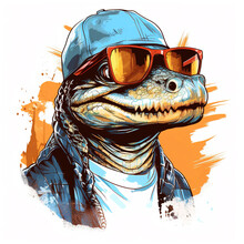 Crocodile Wearing Hat With Sunglasses. Modern Street Style For Sticker Or T-shirt Design. Generative AI