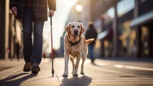 Blind Handicapped Man Holding White Cane And Guide Dog On Street Outside Blurry City Background