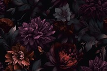 Dark Seamless Pattern With Flowers. Applicable For Fabric Print, Textile, Wrapping Paper, Wallpaper. Botanical Background With Plants. Vintage, Classic Style. Repeatable Texture. Generative AI.