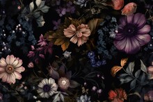 Dark Seamless Pattern With Flowers. Applicable For Fabric Print, Textile, Wrapping Paper, Wallpaper. Botanical Background With Plants. Vintage, Classic Style. Repeatable Texture. Generative AI.