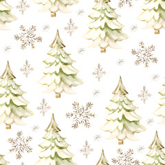 Watercolor pine and fir trees in winter forest with snowflakes seamless pattern background