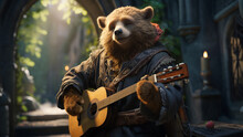 Bard Bear Playing The Guitar Under The Gateway In The Medieval Fantasy World. Celtic Fantasy. AI Art. 