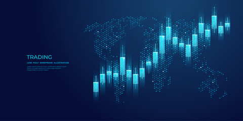 Wall Mural - Abstract stock market candlesticks and world map on technology blue background. Low poly wireframe digital growing graph chart with glowing light effect. Vector business banner. Investment concept.