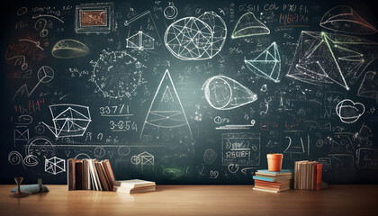 A chalkboard filled with formulas, equations, and diagrams