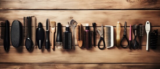 Canvas Print - The hairdresser tools are placed on a wooden background with space for text.